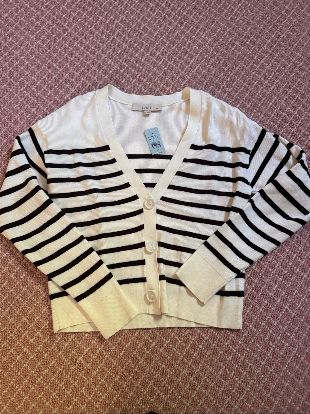 LOFT Cream and Black Striped V-Neck Button Cardigan